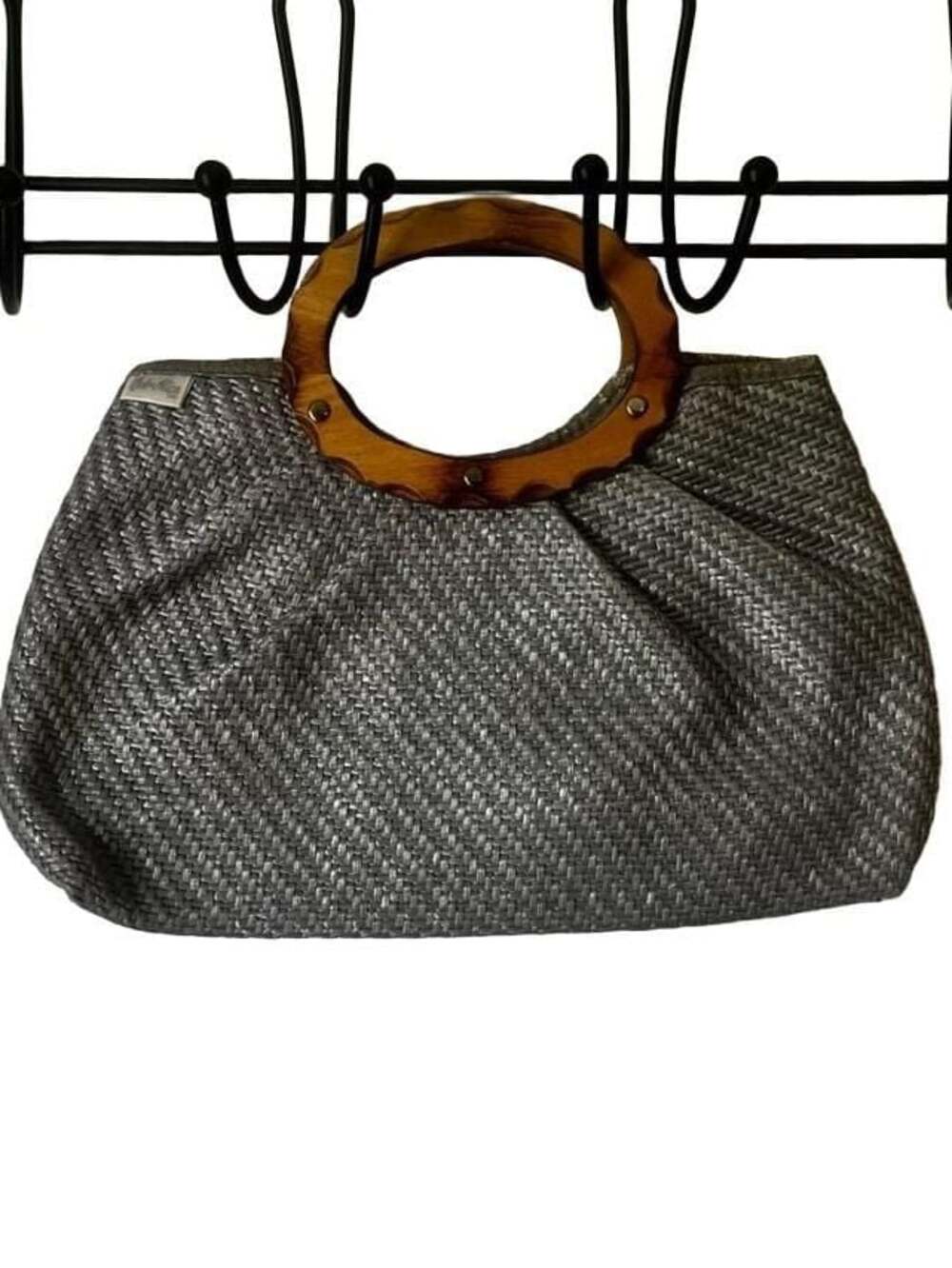 Bob & Alice Woven Handbag with Wooden Ring Handles Grey